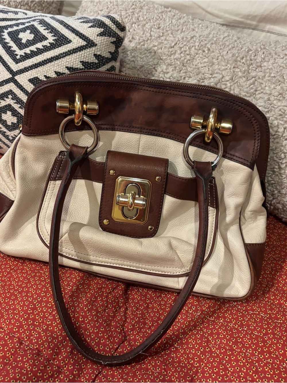 B. Makowsky Cream Brown Leather Gold Hardware Satchel Shoulder Large Handbag
